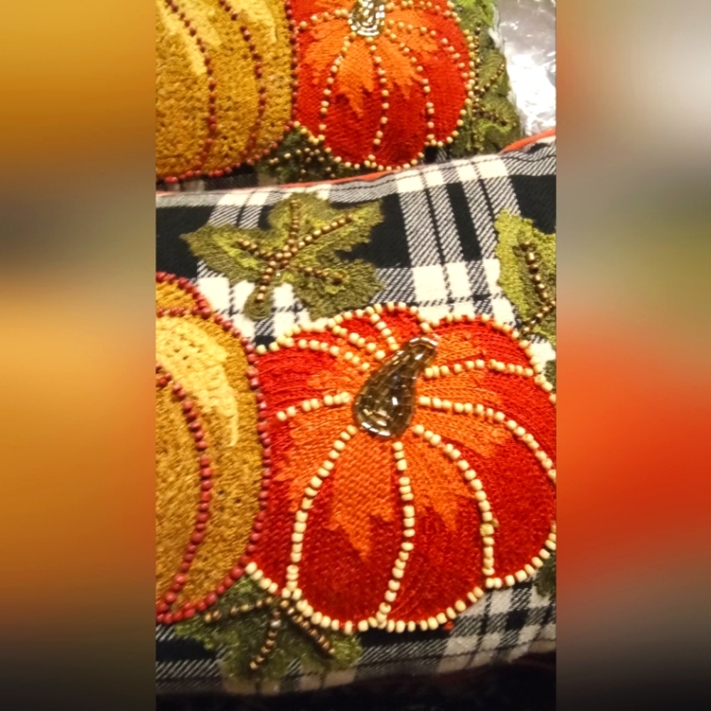 Harvest Pumpkin Plaid Accent Pillow Set Of 2 - Orange and Yellow - Picture 4 of 5